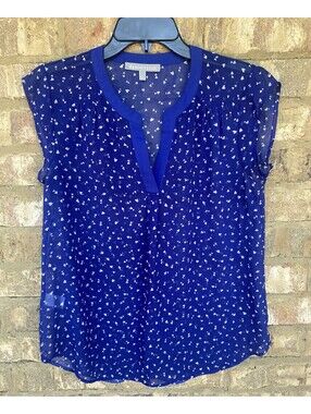 Daniel Rainn Sheer Blue Top With White Hearts All Over Print Women’s Size Small